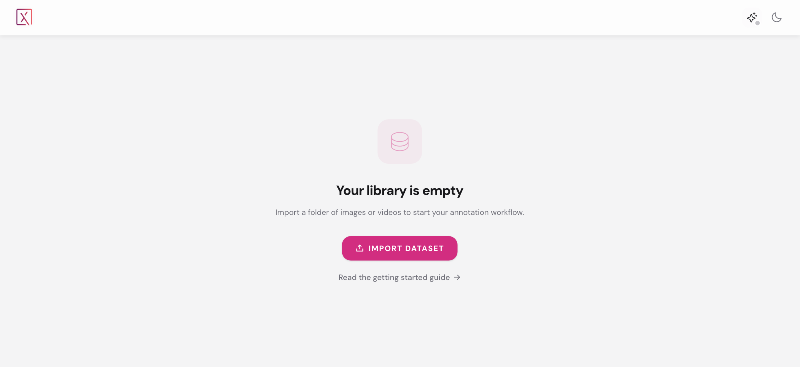 The empty Library: 'Your library is empty' with the Import dataset button.